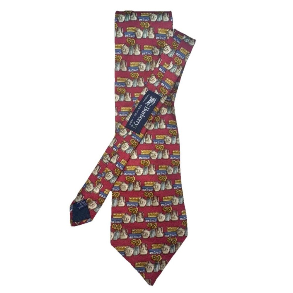 Burberry Tie 100% Silk Red Blue Yellow Books‎ Flowers 4" Wide Mint Condition